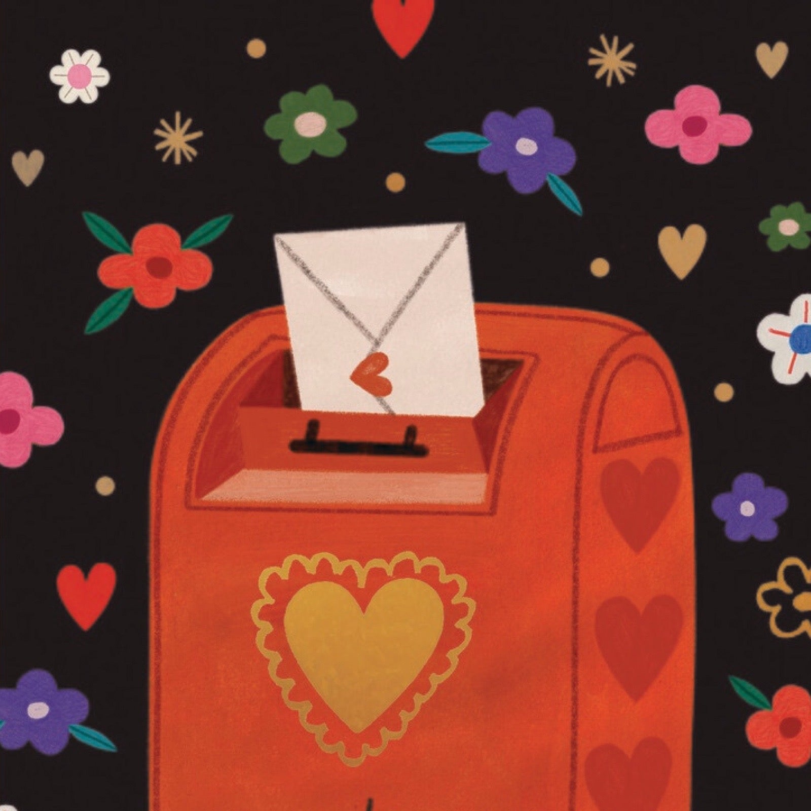 Red mailbox with heart design on a black background with colourful flowers and hearts.