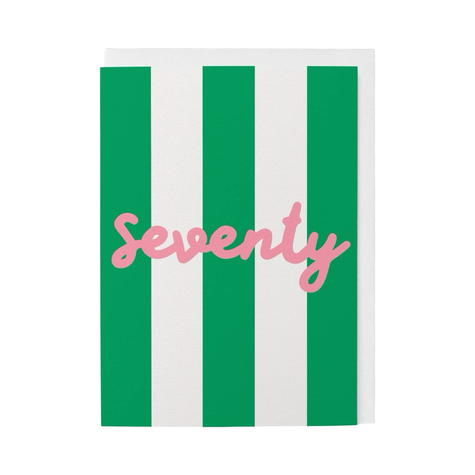 Green and white striped card with 'Seventy' in pink text.