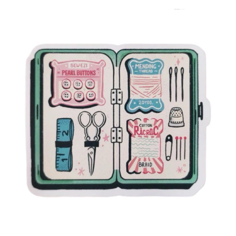 Sticker featuring an illustration of a sewing kit that includes needles, thread and scissors.