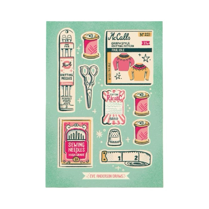 Sewing-themed sticker sheet featuring 10 individual stickers, including 2 rolls of thread, scissors and a tape measure.