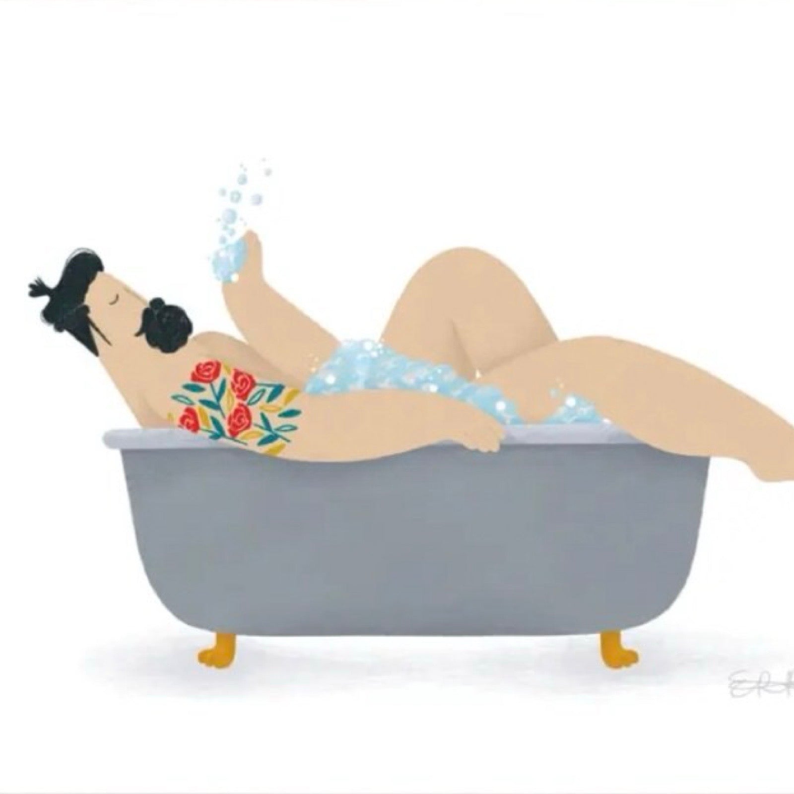 This print illustrates a sexy, bearded, tattooed man blowing bubbles in the bath.