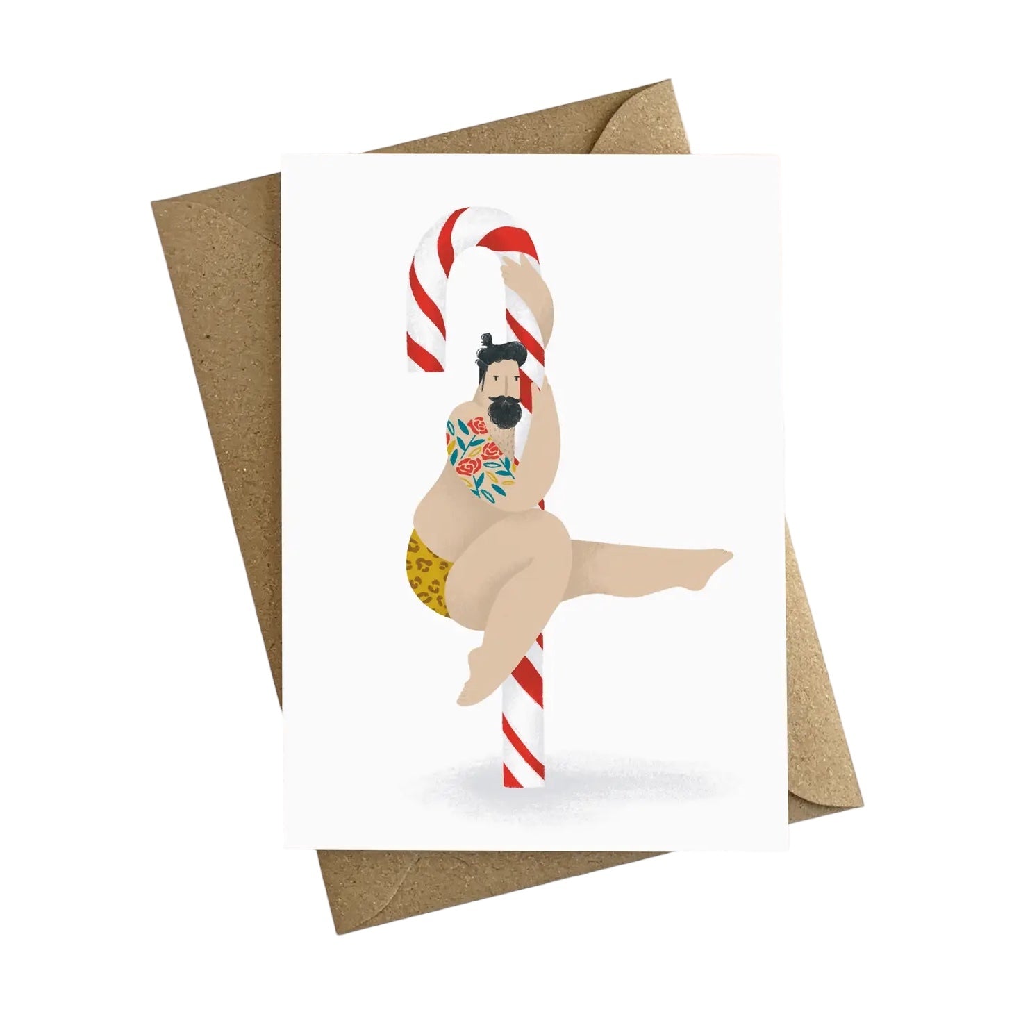Sexy man Christmas card pack featuring a man in lepoard underwear posing on a candy cane.