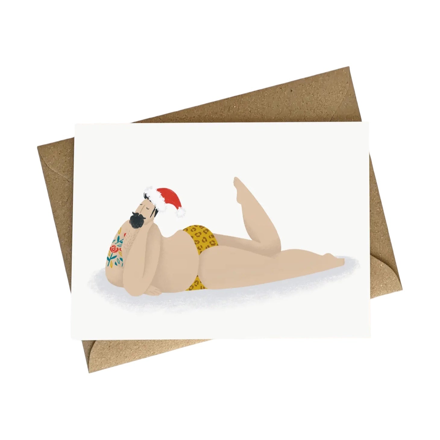 Sexy man Christmas card pack featuring a man in lepoard underwear posing.