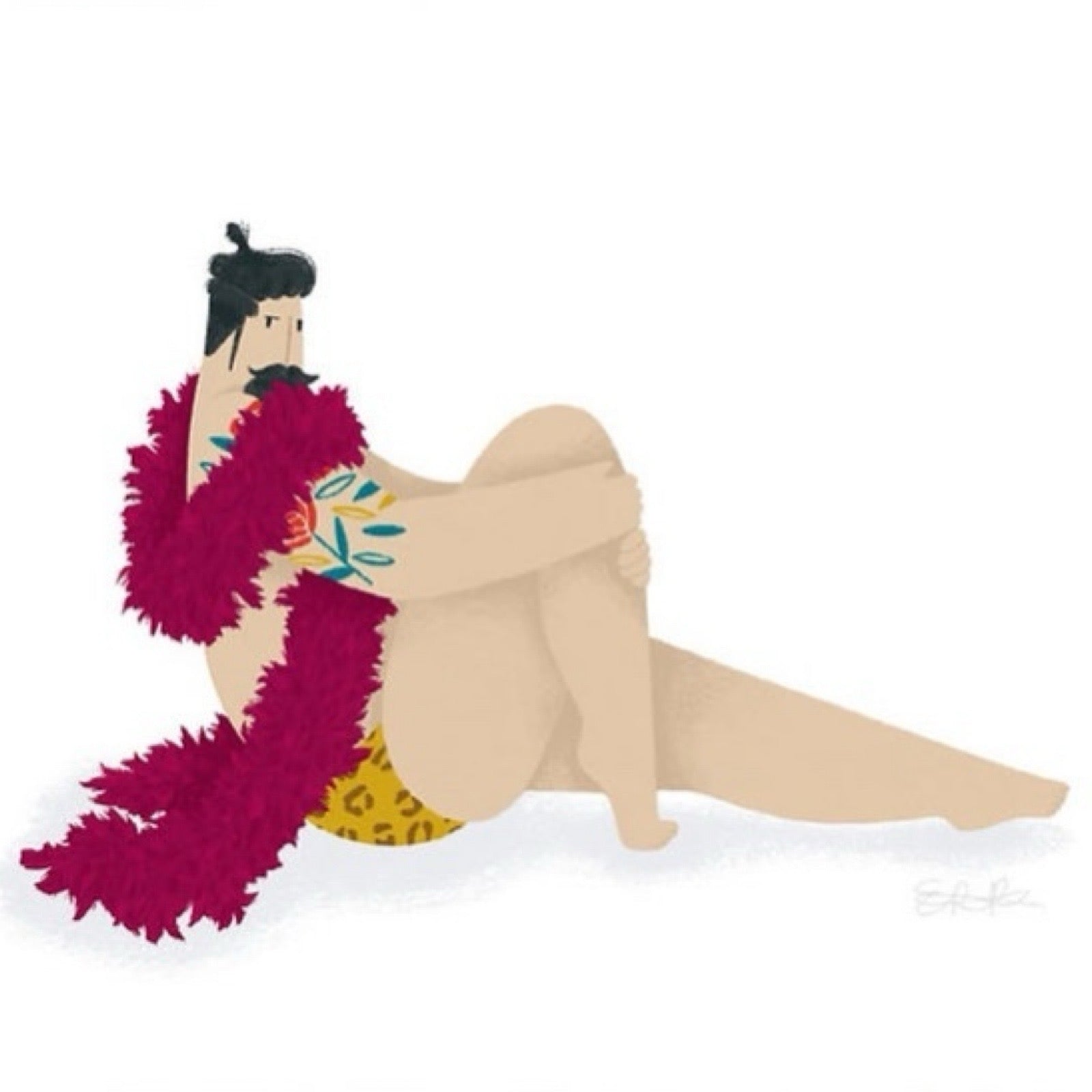 Print featuring an illustration of a sexy, bearded, tattooed man in his leopard print swimwear posing with a deep pink feather boa.
