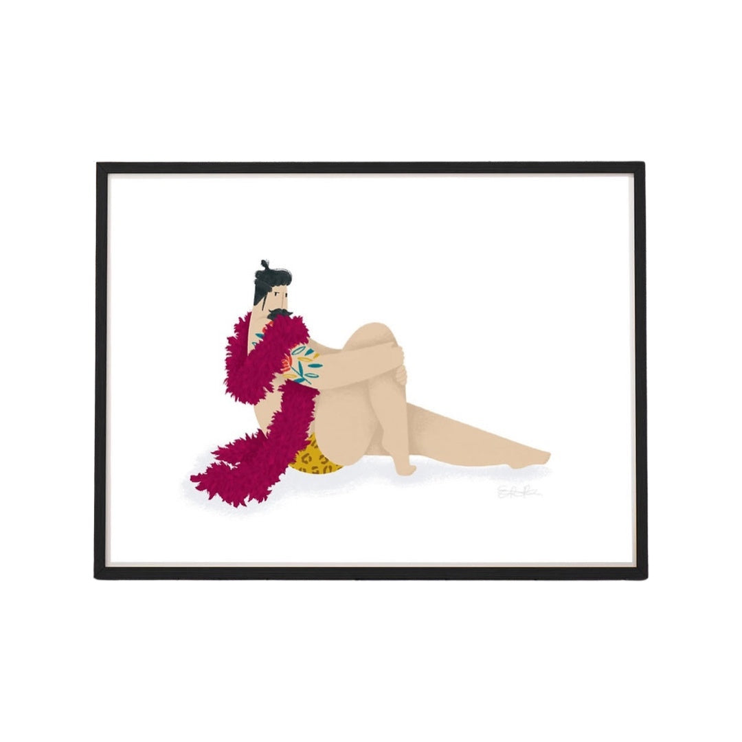 Print featuring an illustration of a sexy, bearded, tattooed man in his leopard print swimwear posing with a deep pink feather boa.