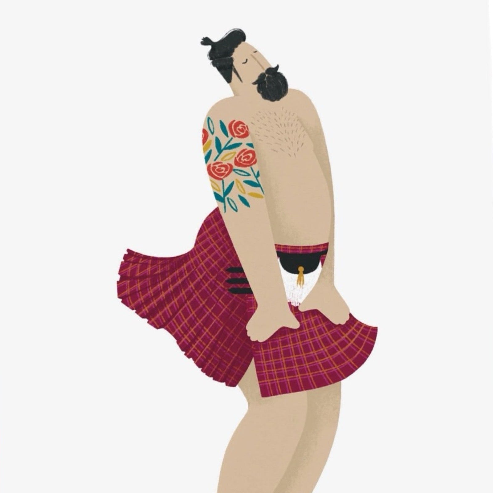 Scottish card featuring an illustration of a sexy, bearded, tattooed man in a red and pink checked kilt.