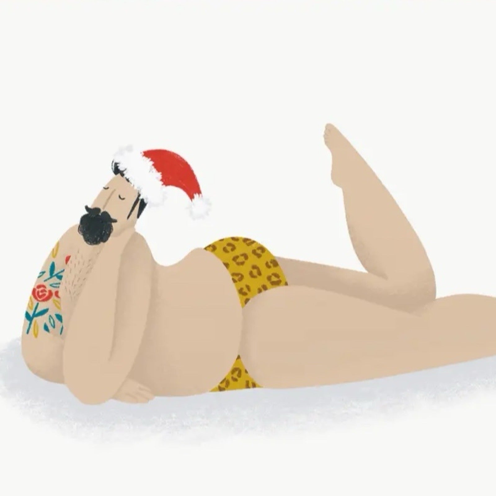 Christmas card featuring an illustration of a sexy, bearded, tattooed man in his leopard print swimwear posing in a Santa hat.