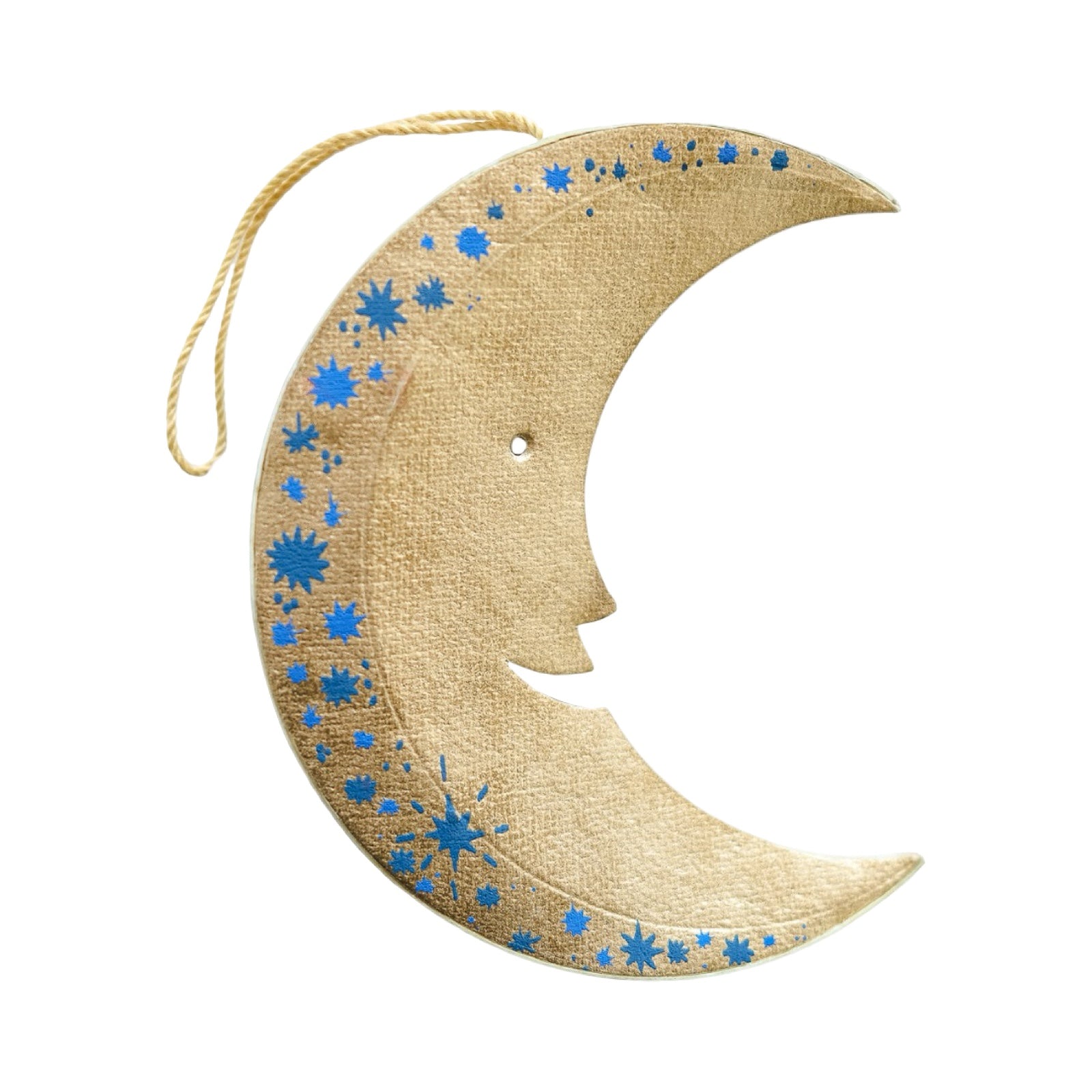 This fabulous gold and blue moon-shaped decoration has a matching 10cm cotton loop for hanging. 