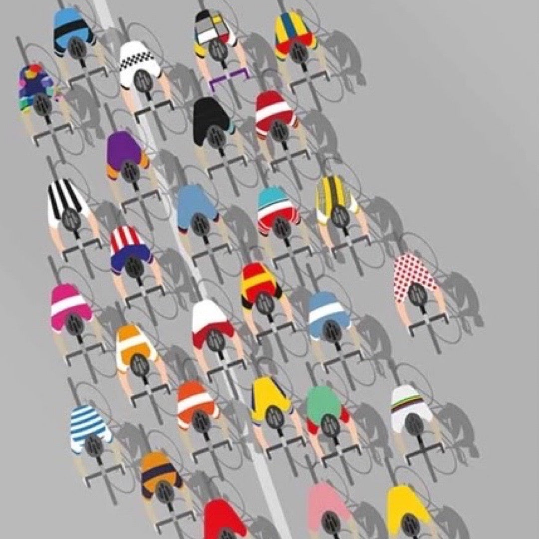 Illustration of cyclists in colourful outfits on a grey background.