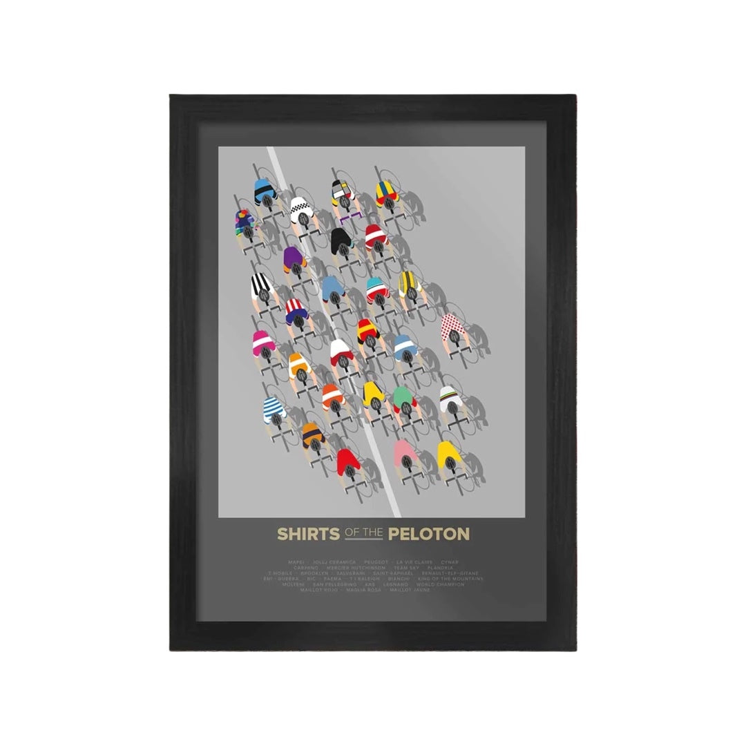 A framed A3 print featuring a line drawing of a peloton with various colored jerseys, titled 'Shirts of the Peloton'.