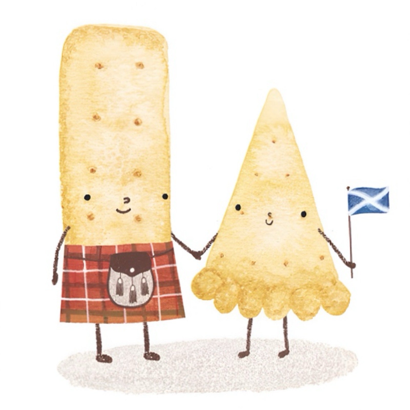 This postcard illustrates a stick of shortbread wearing a red tartan kilt and a triangle of shortbread waving a Scotland flag.
