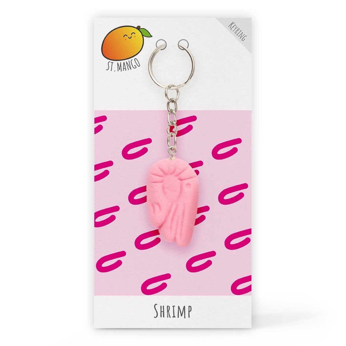 A fun keyring in the shape of a foam shrimp sweet made from polymer clay.