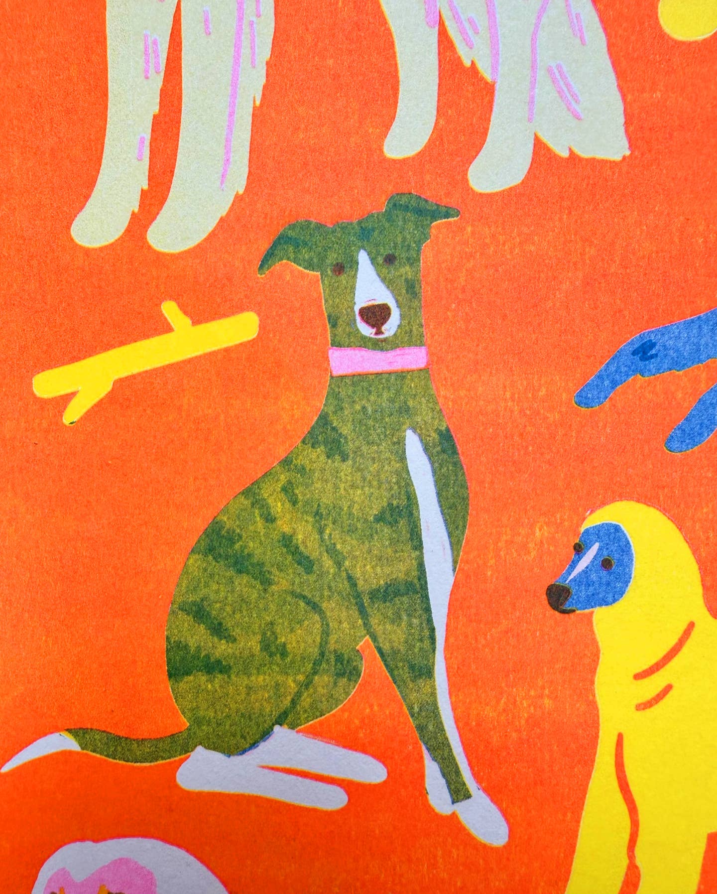 Colorful pattern of dogs on an orange background.