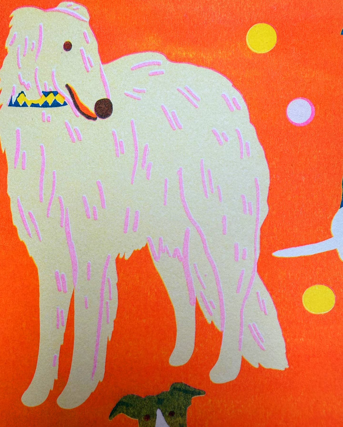 Illustration of a white dog with a colourful collar on an orange background.