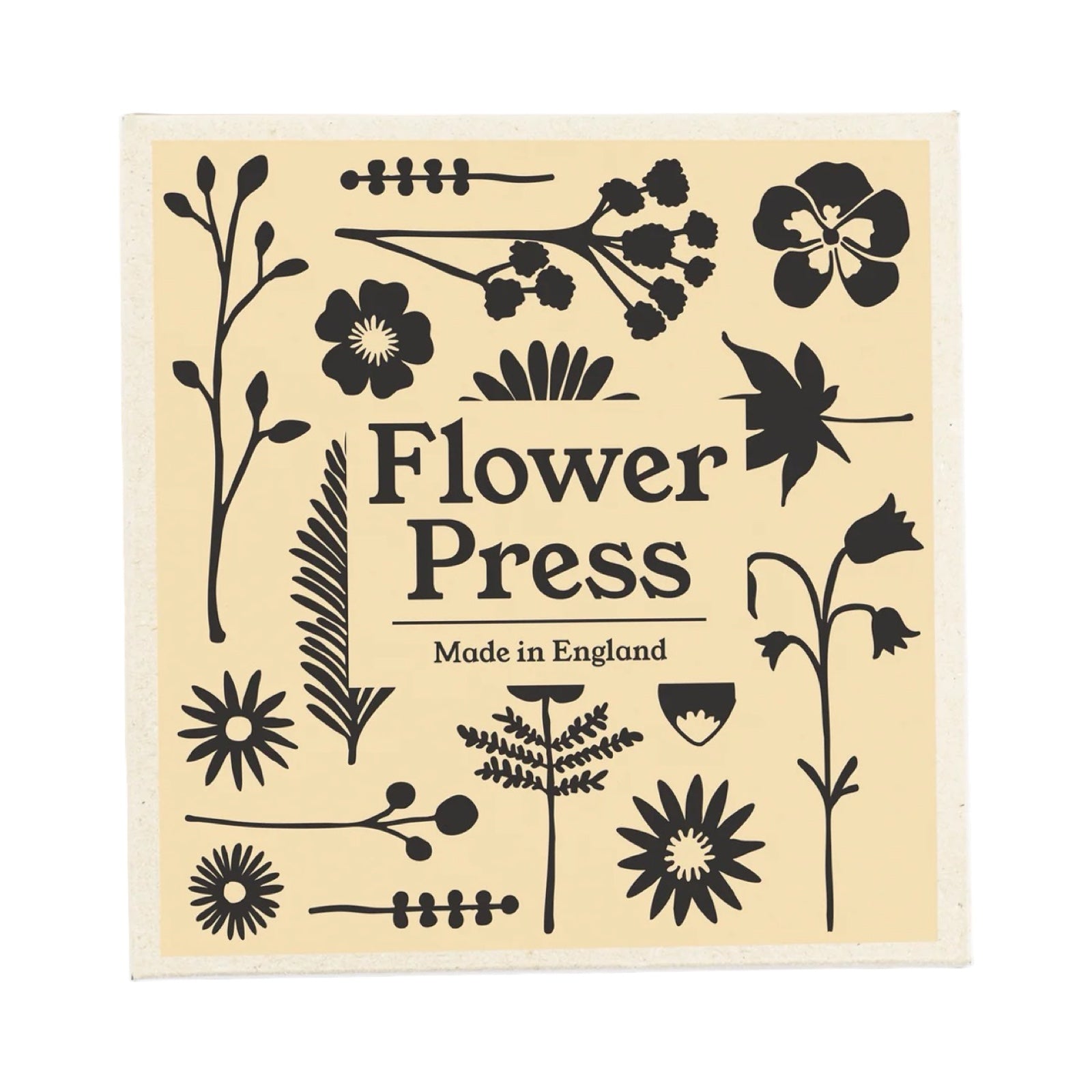 Flower Press set with floral designs on a beige background.