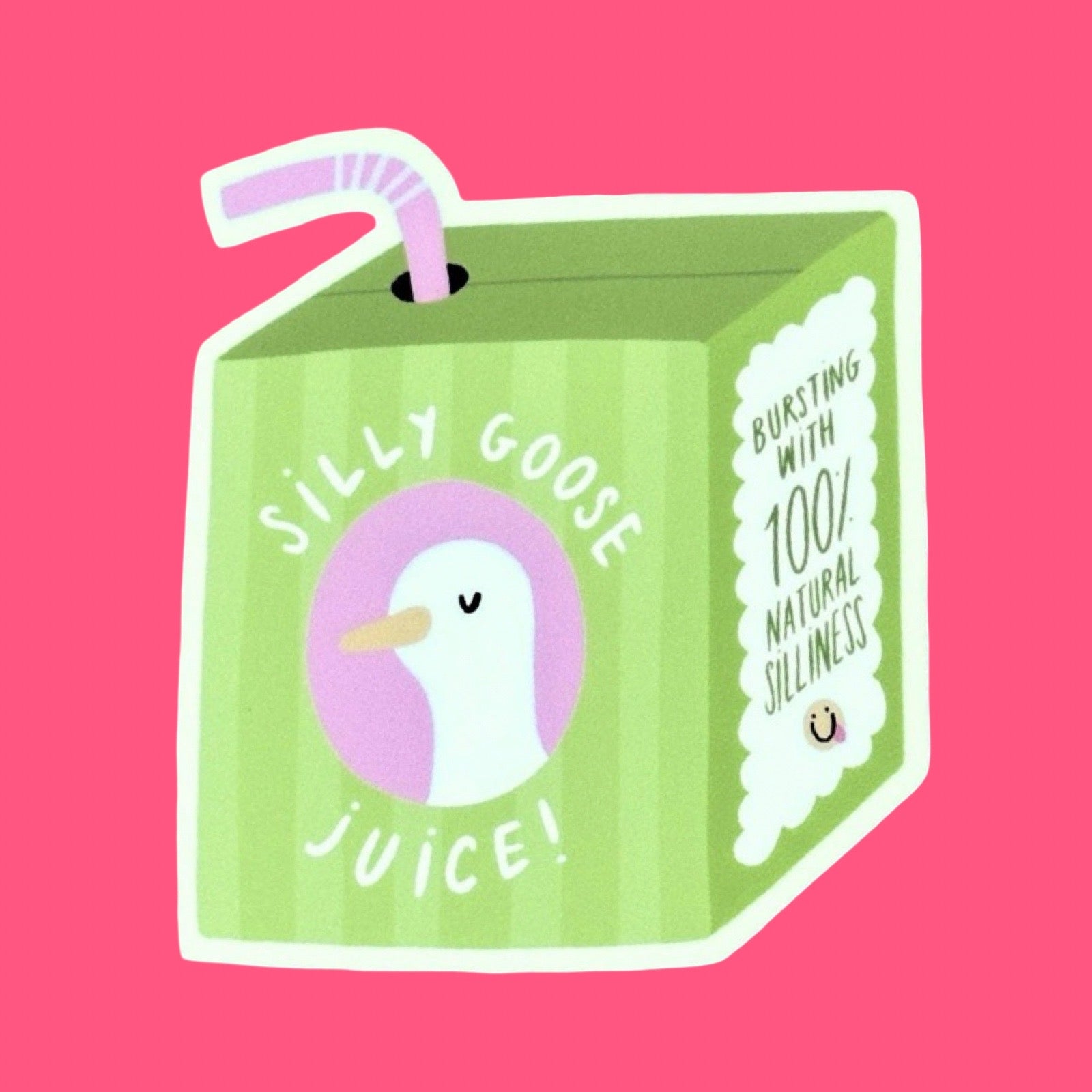 Green juice box sticker of 'Silly Goose Juice' with a cartoon goose on a pink background.