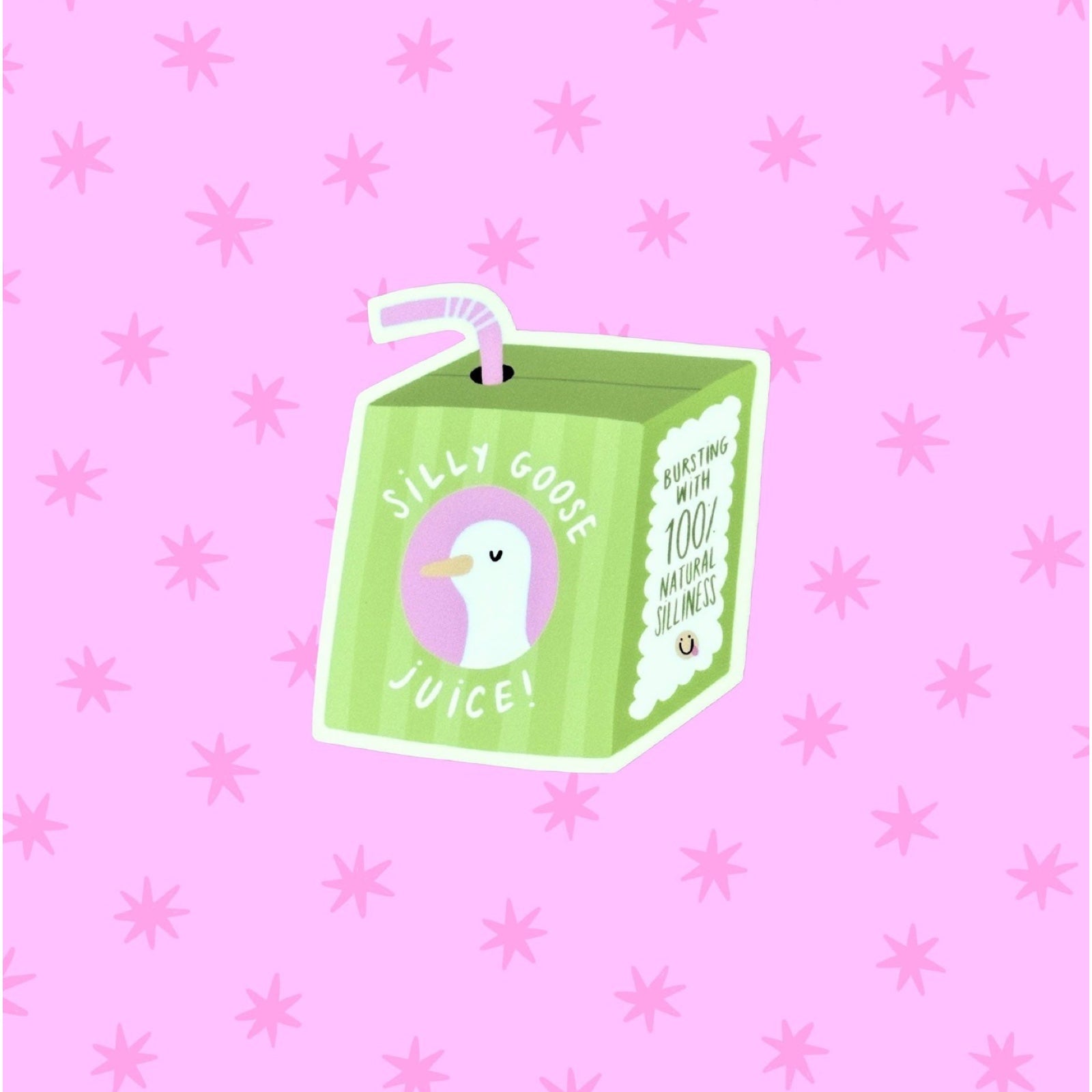 Green juice box sticker with a duck illustration on a pink background with star patterns.