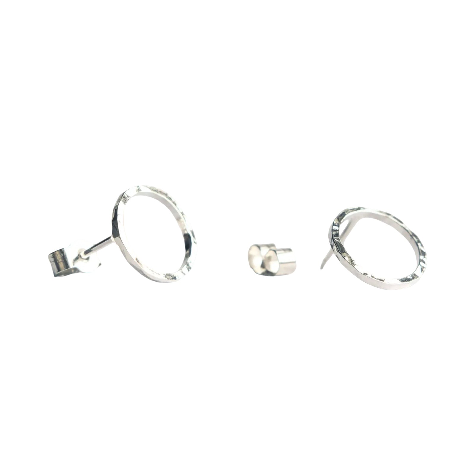 Handcrafted, hammered, circular sterling silver earrings.