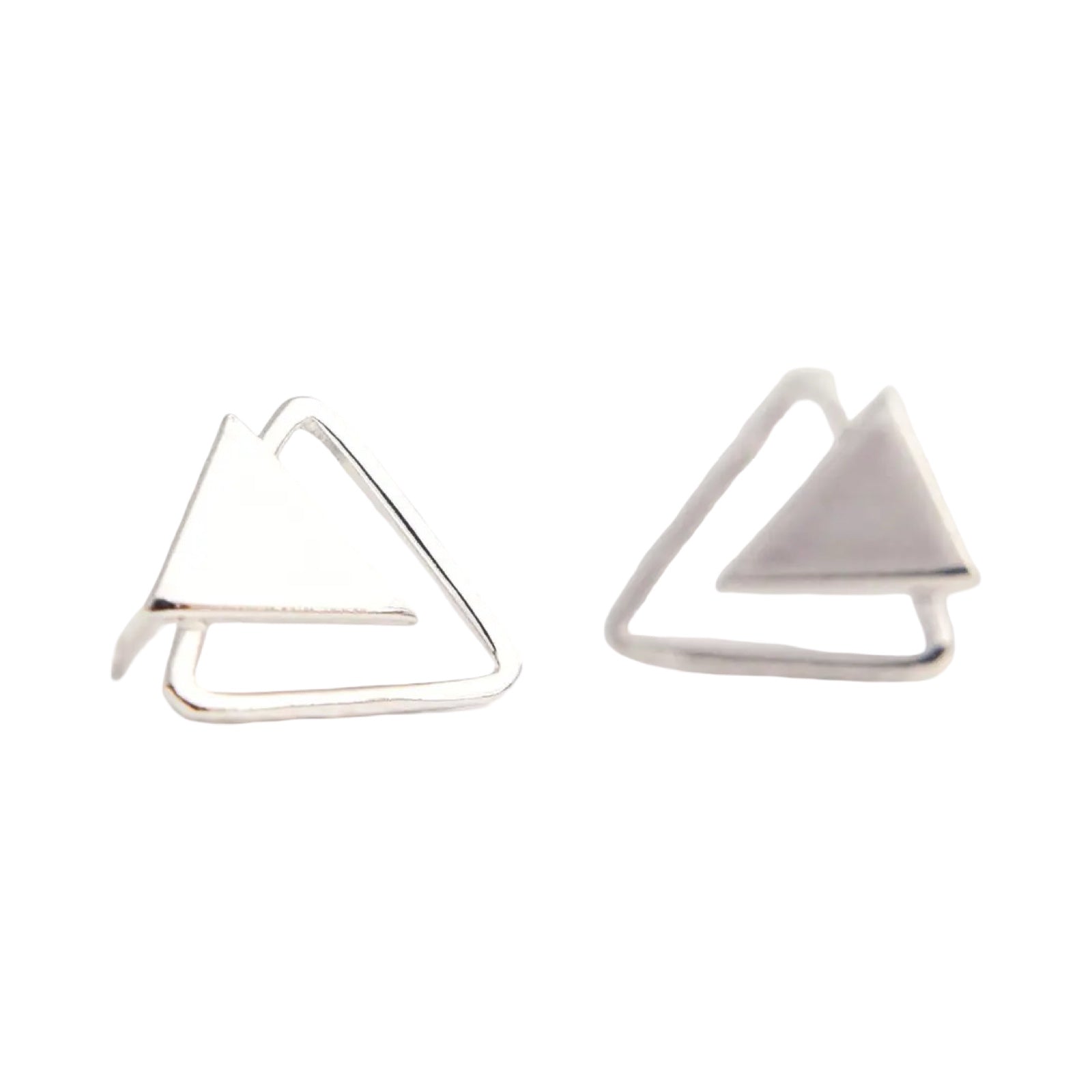 Handmade silver stud earrings featuring a double triangle design.
