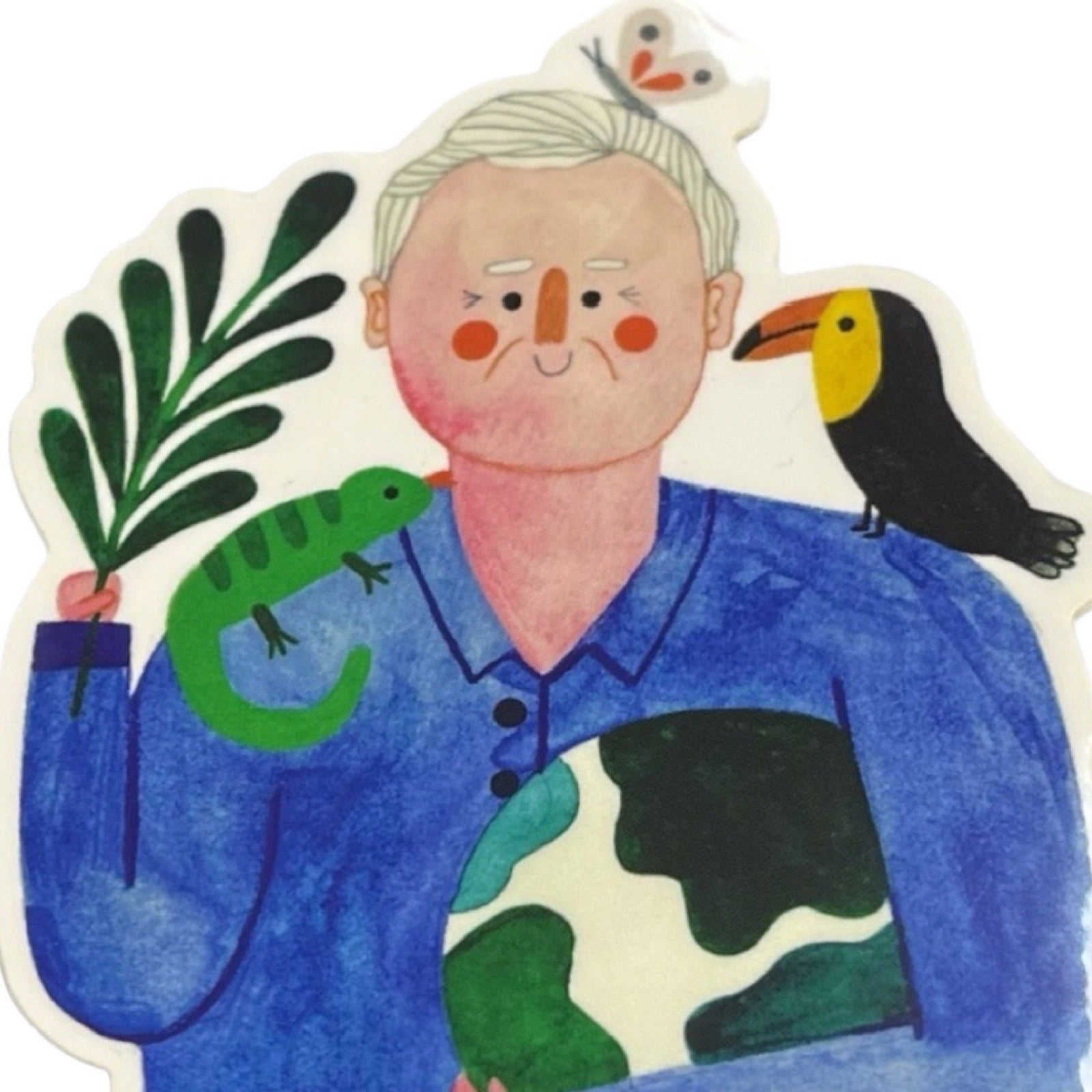Illustration of David Attenborough with a blue jacket holding a plant and the world, with animals on his shoulders on a white background.