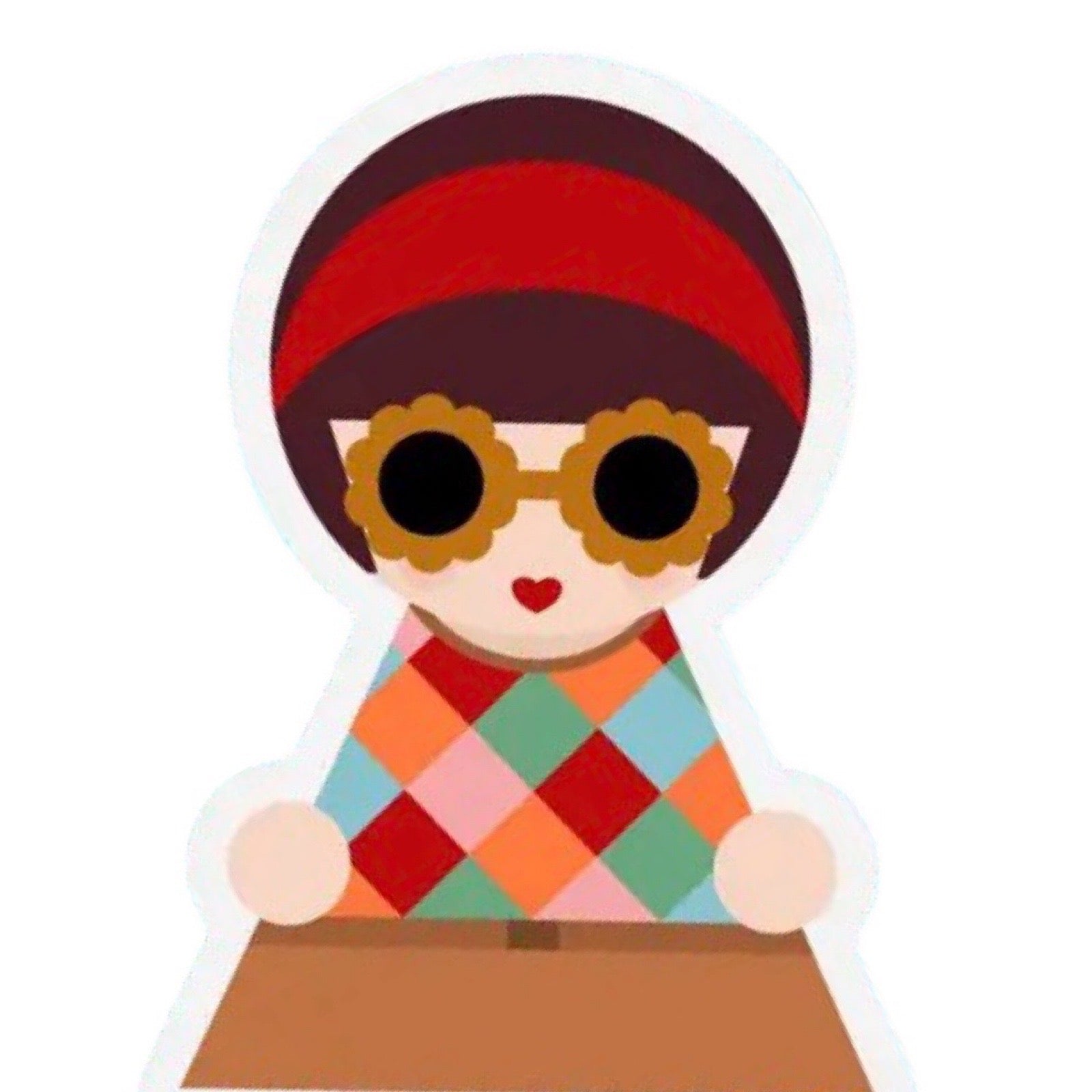 Cartoon character with a colourful outfit and sunglasses holding a box on a white background.