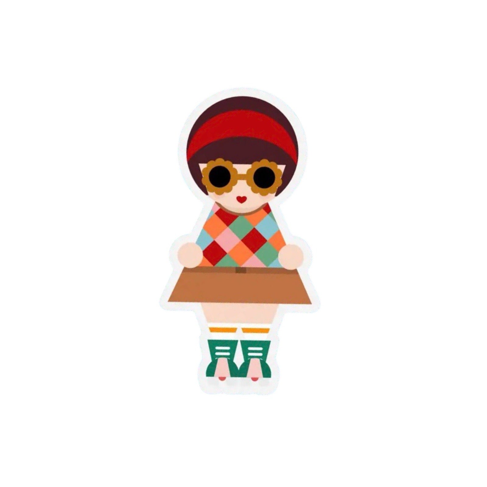 Cartoon character with a colourful outfit and sunglasses holding a box on a white background.