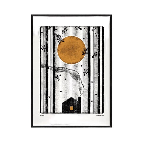 Black and white print featuring a cabin in the forest with smoke coming out the chimney, and a mustard-coloured moon in the sky.