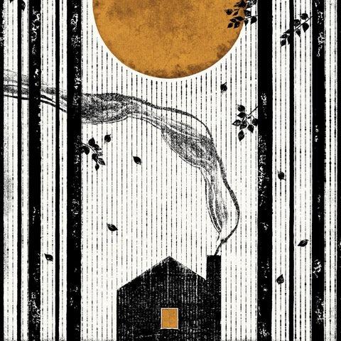 Black and white print featuring a cabin in the forest with smoke coming out the chimney, and a mustard-coloured moon in the sky.
