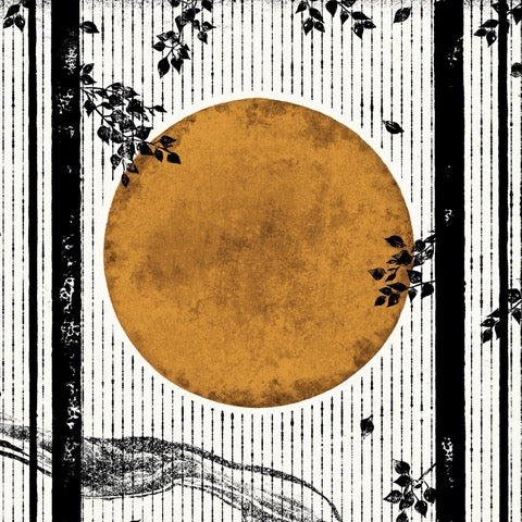 Black and white print featuring a cabin in the forest with smoke coming out the chimney, and a mustard-coloured moon in the sky.