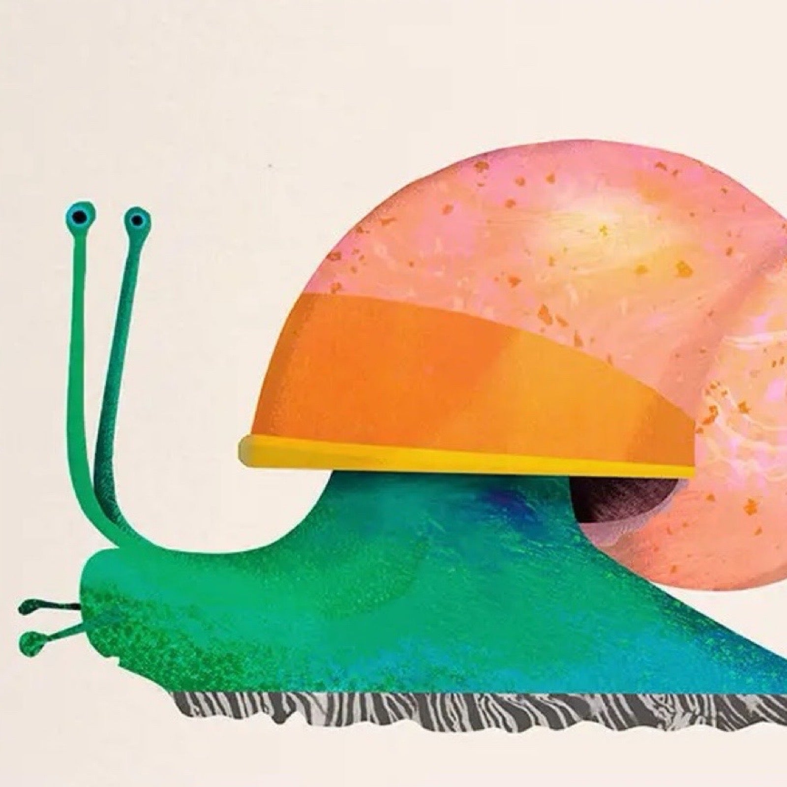 Green snail postcard with an orange and pink shell on a white background.