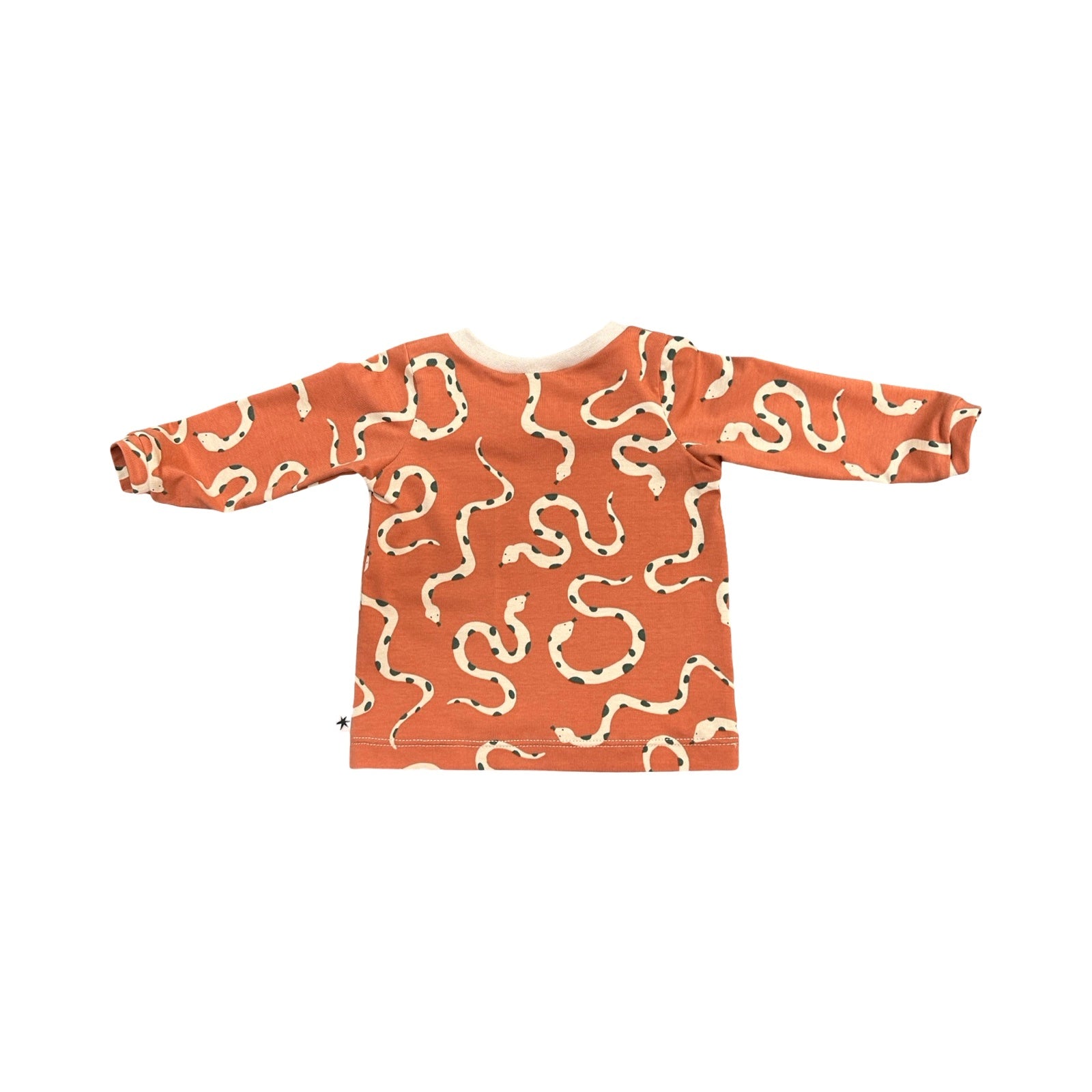 Long-sleeve shirt with snake pattern on a white background.