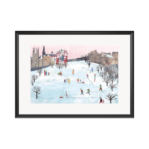 High quality giclée print of an original artwork of people playing in the snow on Castlehill in Edinburgh.