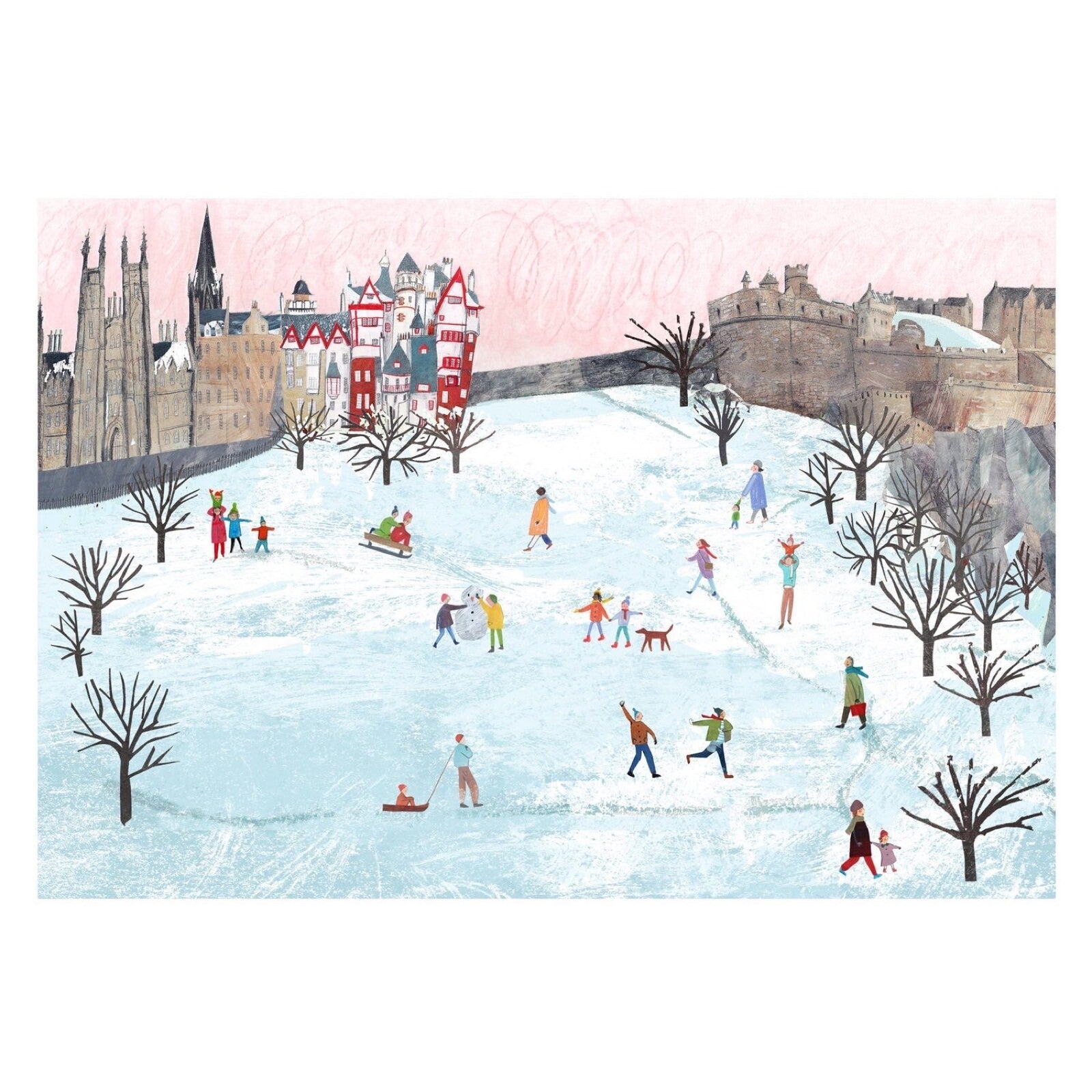 High quality giclée print of an original artwork of people playing in the snow on Castlehill in Edinburgh.