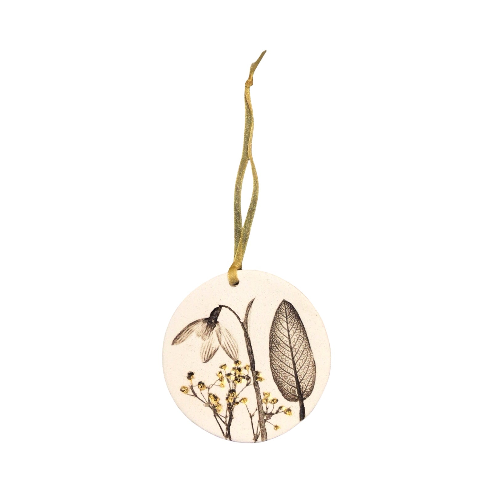Decorative hanging tag with botanical illustrations on a white background