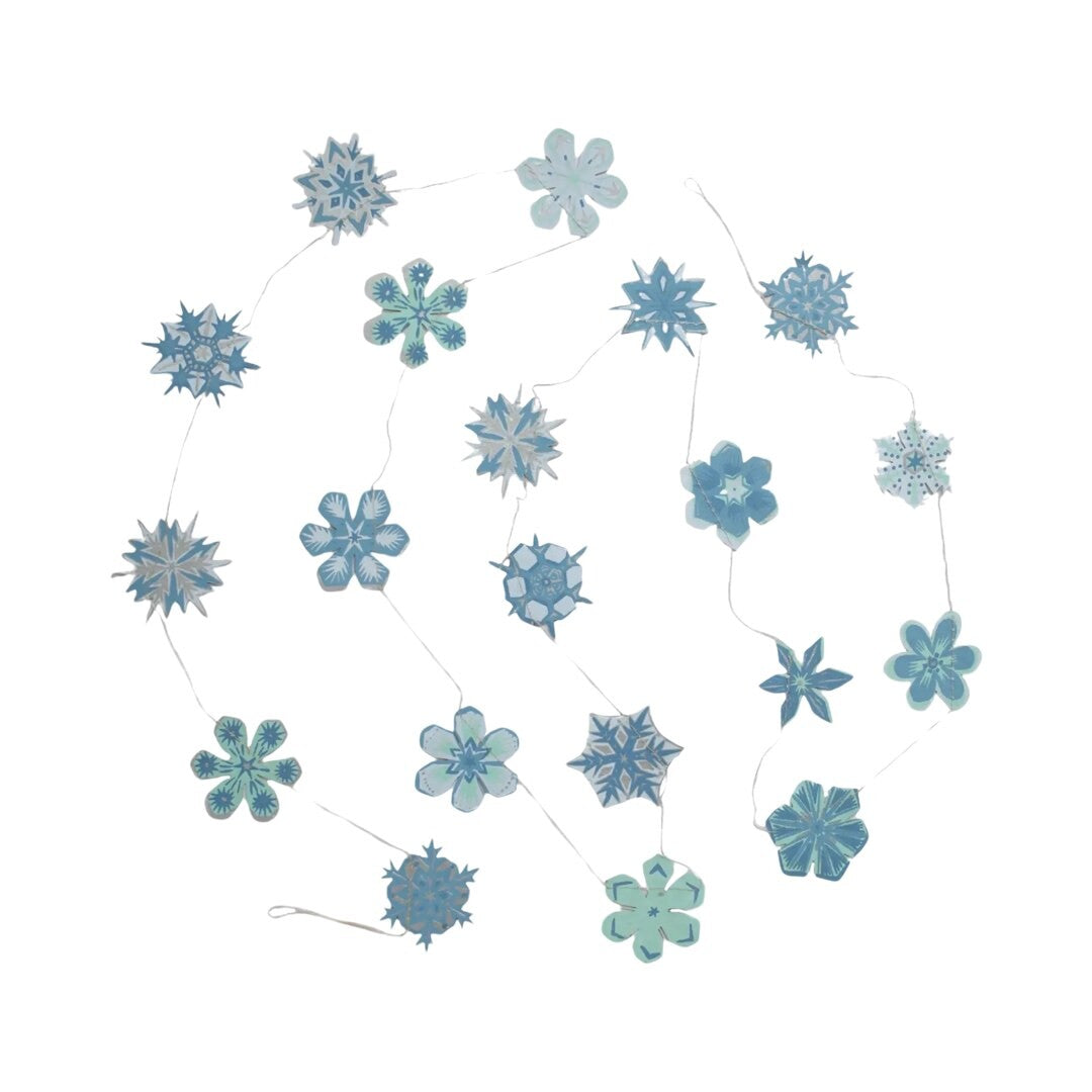 A snowflake paper garland with 20 screen printed paper snowflakes in various blue and silver designs.