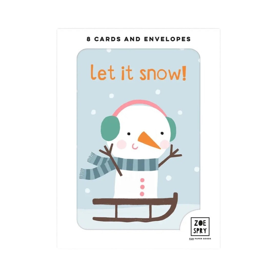 Pack of 8 Christmas mini cards featuring an illustration of a snowman complete with scarf and ear warmers against a pale blue background and the text 'let in snow' written above in orange.