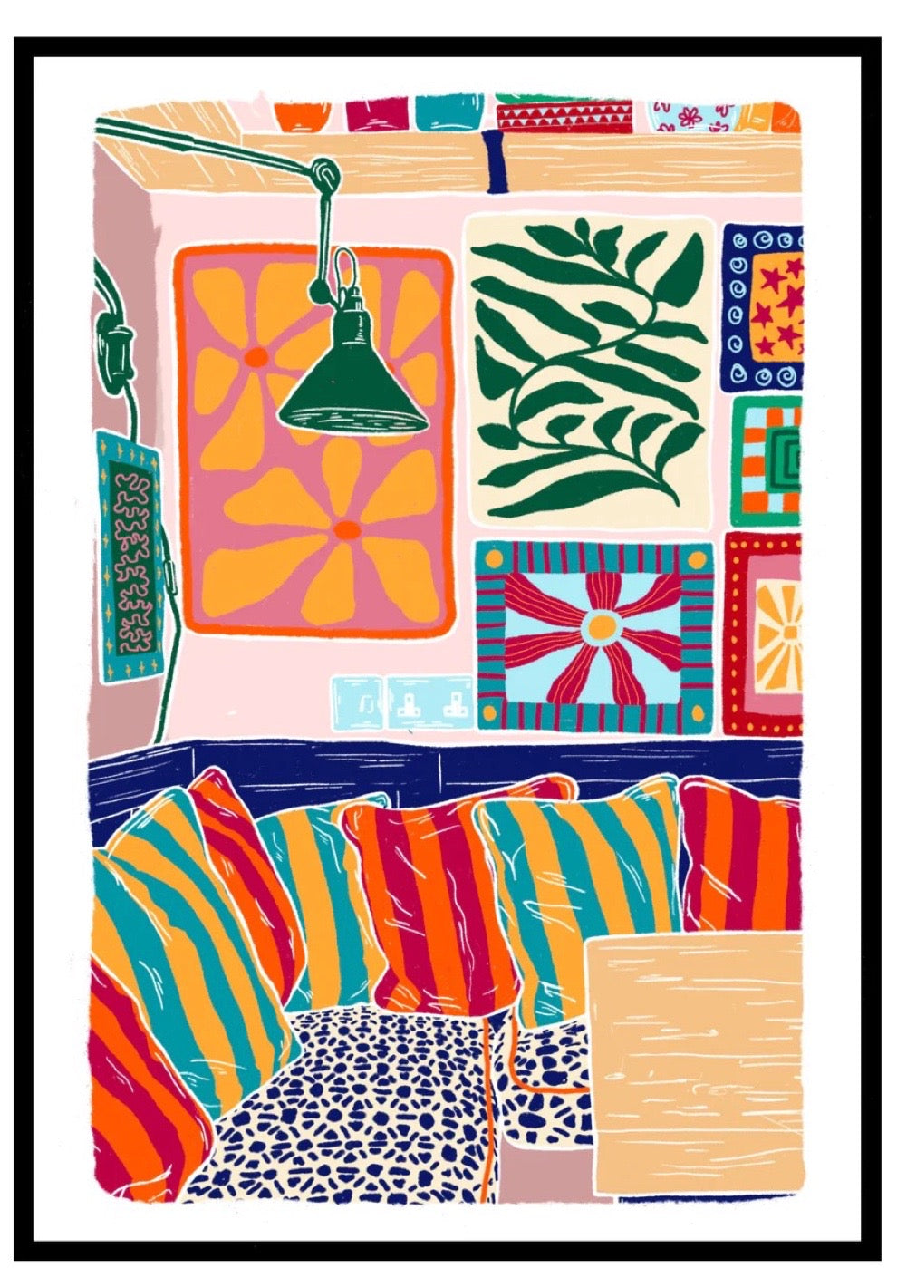 Colourful abstract art print of a snug with cushions and art, on a white background