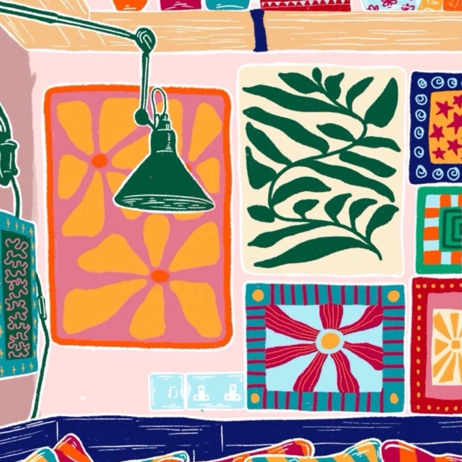 Print of a colourful sung with stripy cushions and art on the walls.
