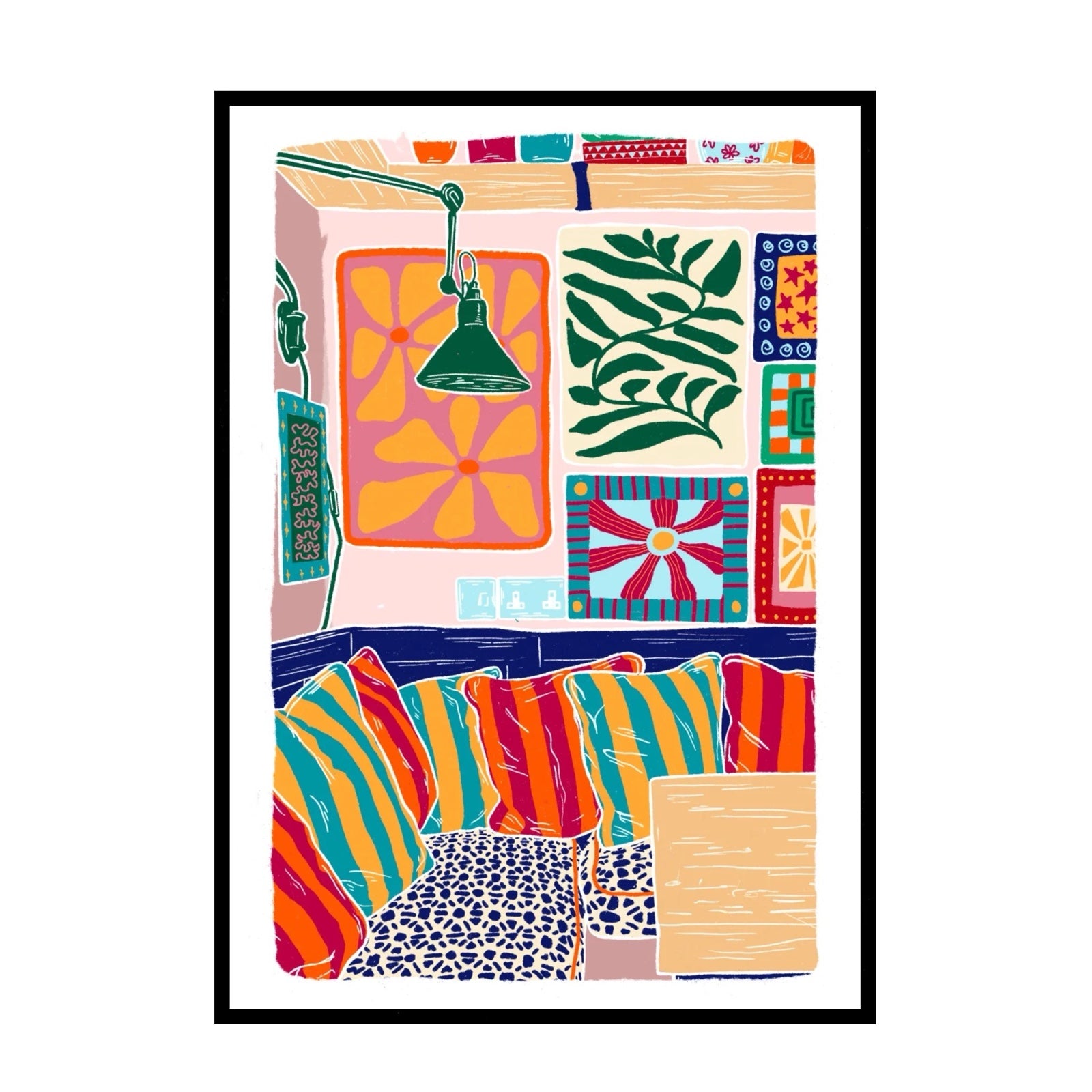 Print of a colourful sung with stripy cushions and art on the walls.