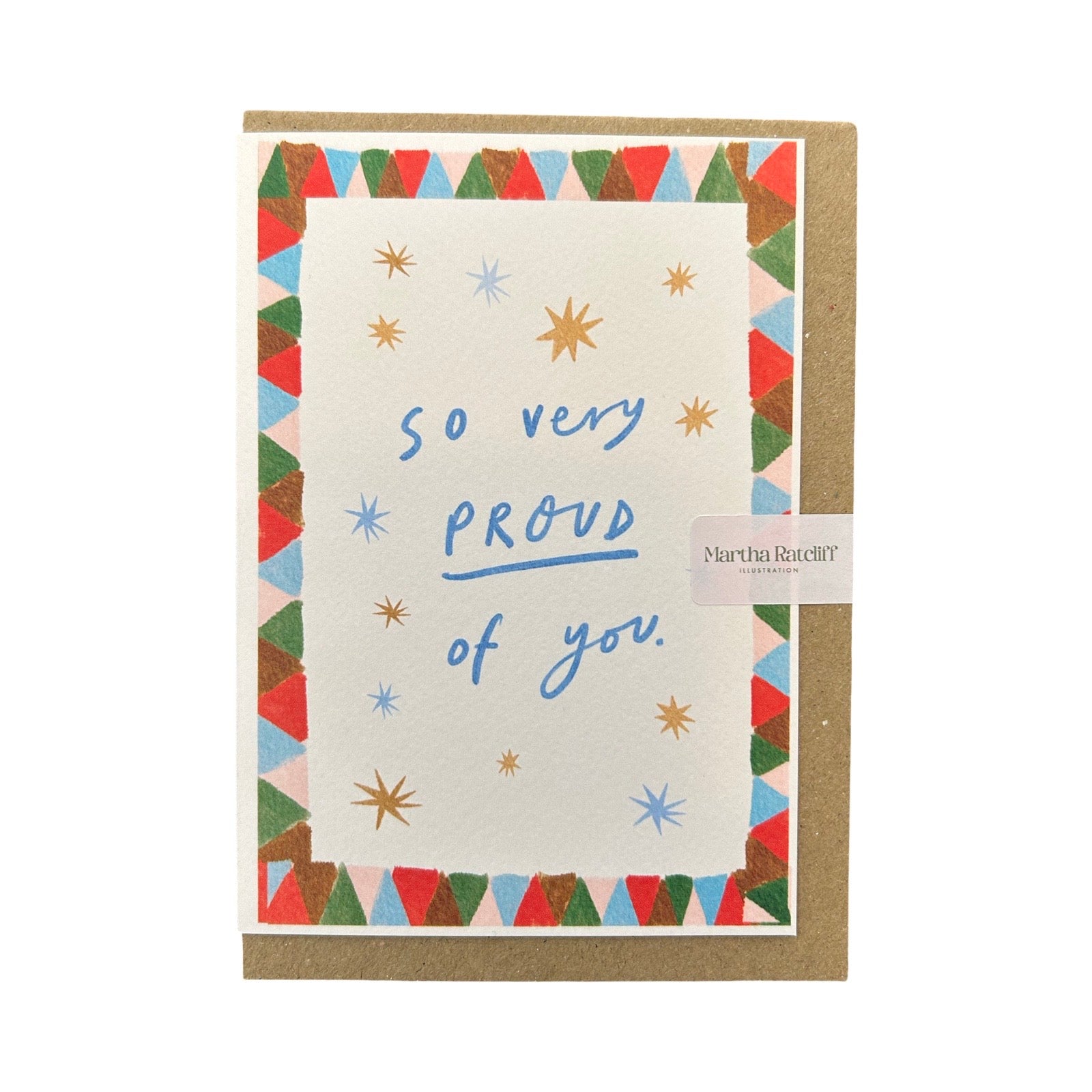 Greeting card with 'So very proud of you' text and colourful border on a white background, with a brown envelope.