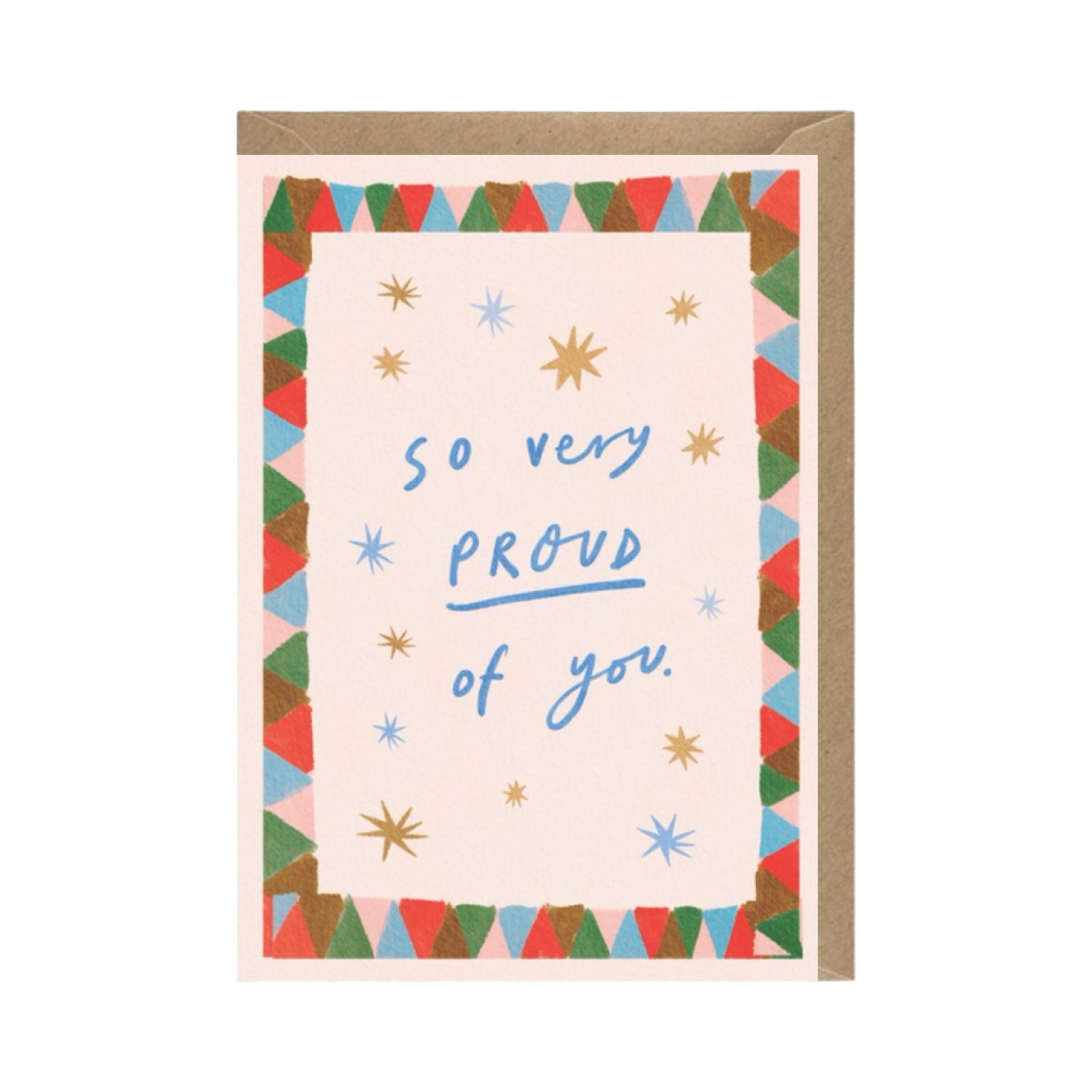 Greeting card with 'So very proud of you' text and colourful border on a white background.