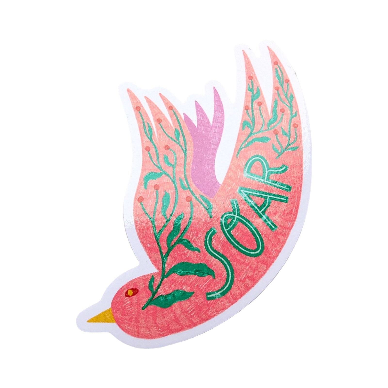 Sticker of a pink bird with green leaves and 'SOAR' text on a white background.