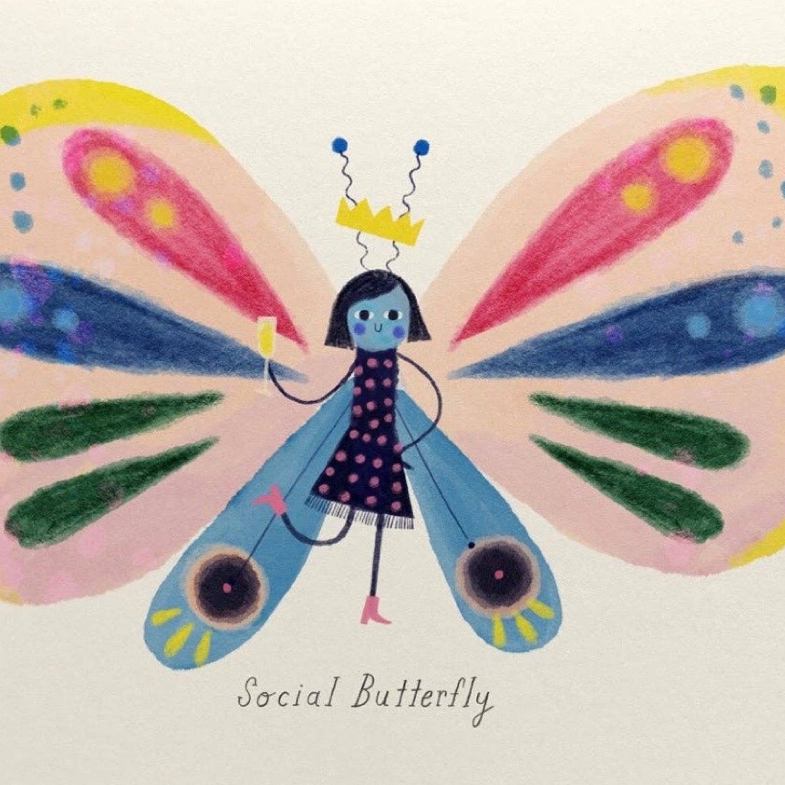 This card features a gorgeous butterfly wearing a crown with a glass of fizz in hand and the text 'social butterfly'. 