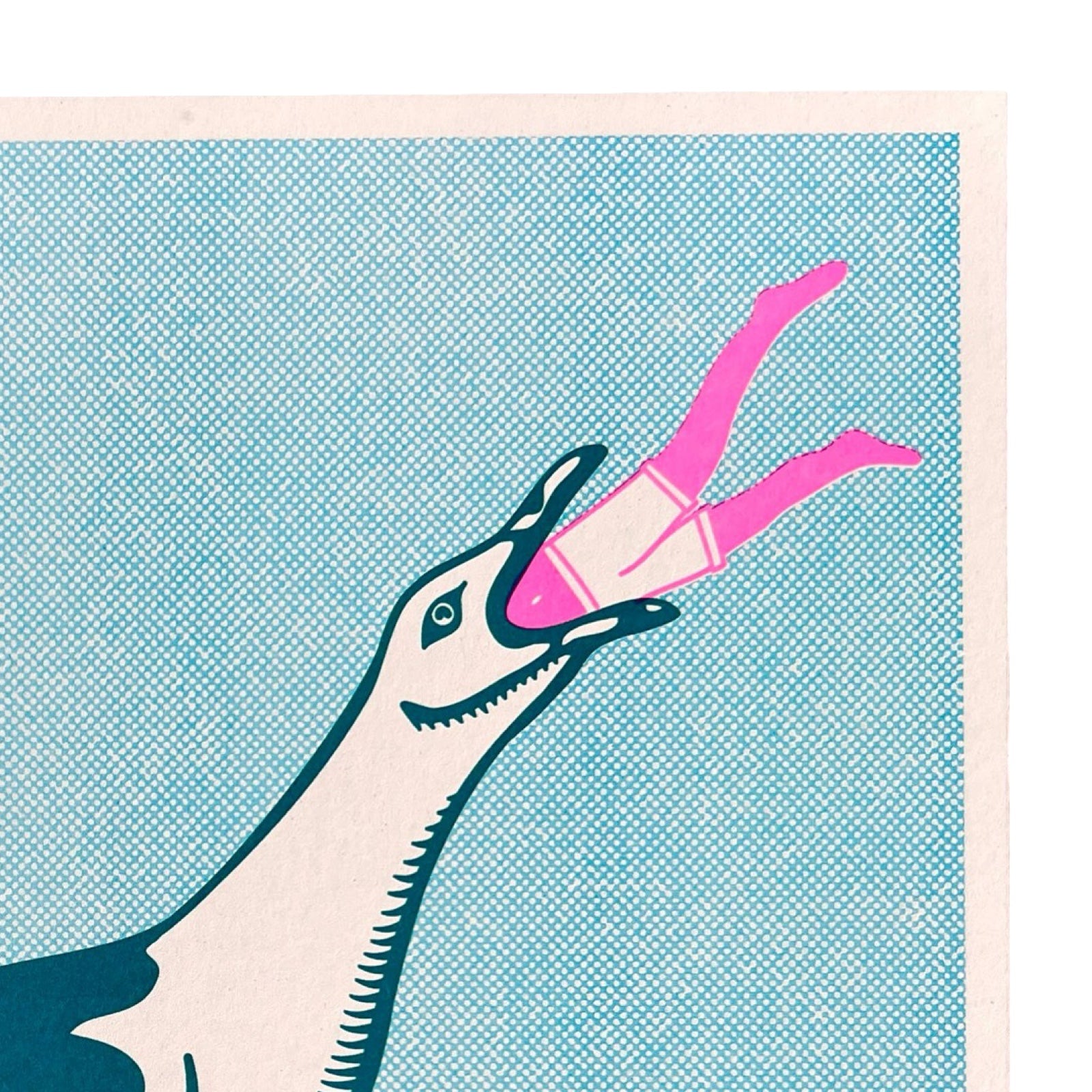 Seagull holding a pink human against a blue background.