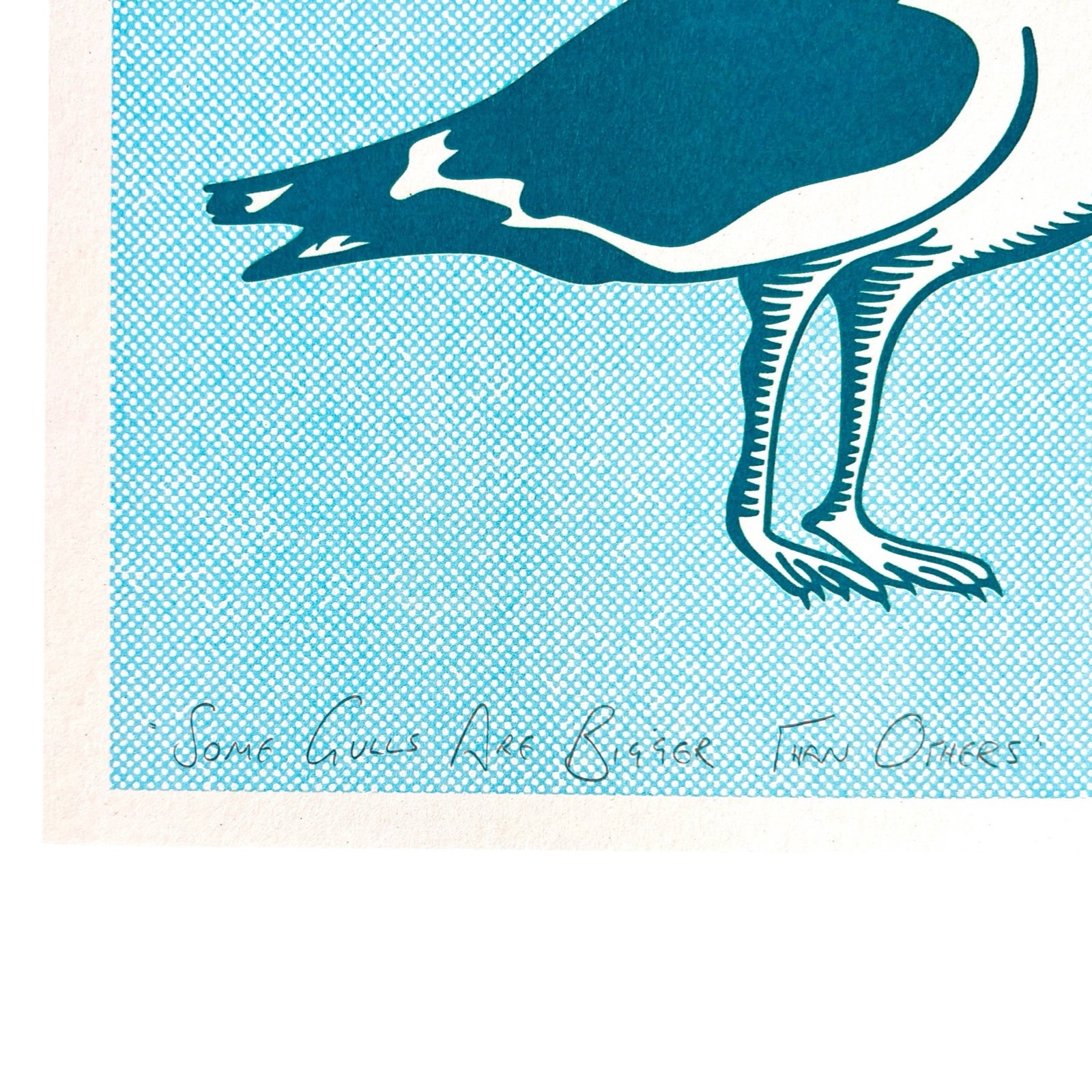 Teal bird illustration on a blue and white checkered background.