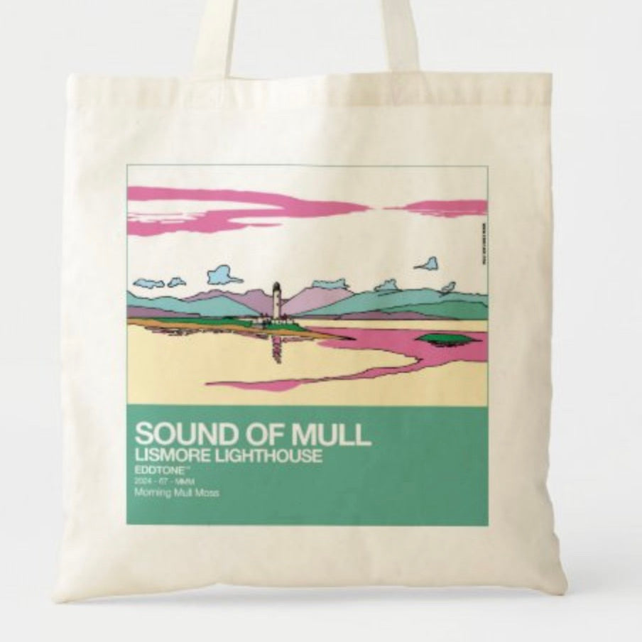 This is a tote bag with a square design featuring an illustration of the Sound Of Mull, with Lismore Lighthouse, Scotland