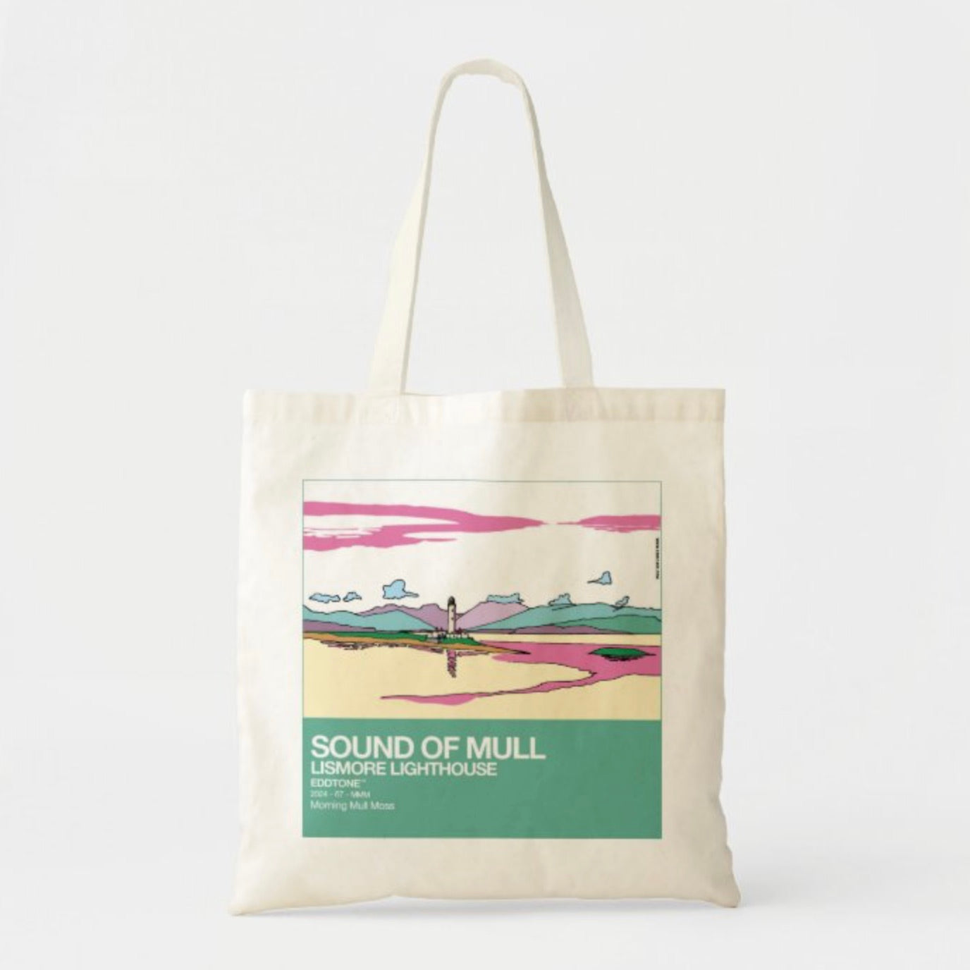 This is a tote bag with a square design featuring an illustration of the Sound Of Mull, with Lismore Lighthouse, Scotland