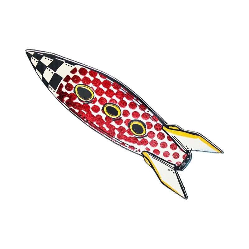 A white space ship shaped bookmark with a black checked nose, yellow oval windows and red embosses spots.