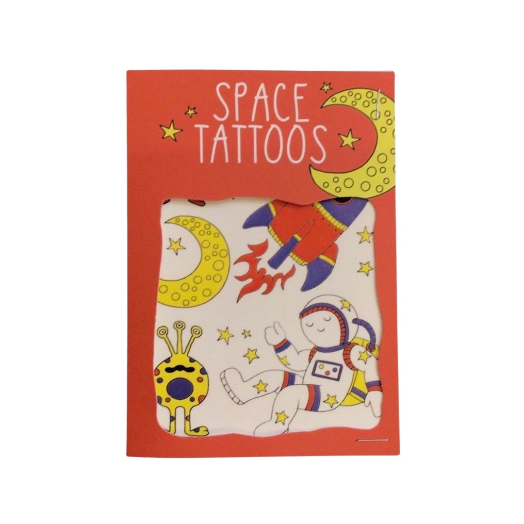 Packaging for Space Tattoos temporary transfer tattoos featuring a rocket and aliens design, with a child-friendly colorful space theme.