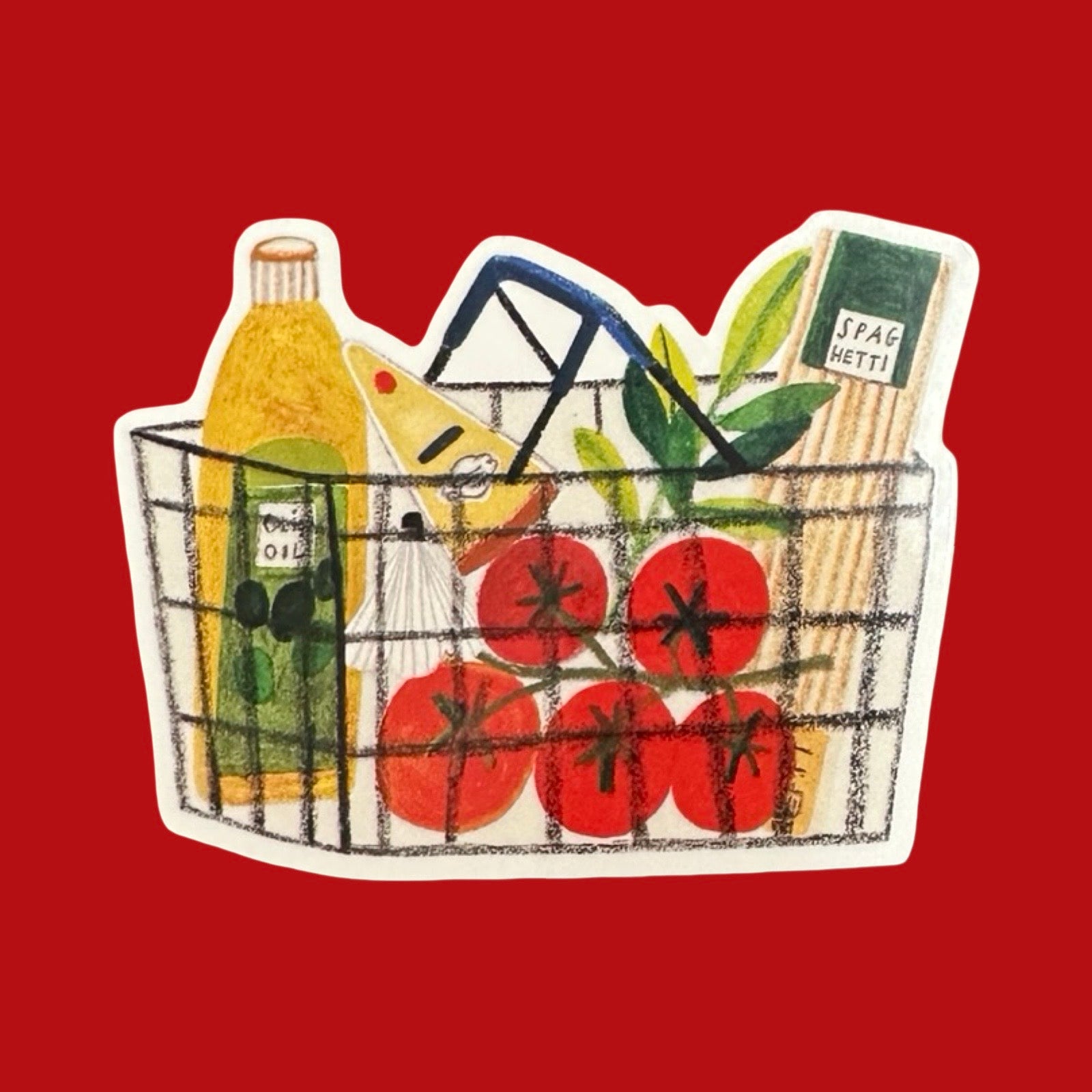 Illustration of a shopping basket with groceries on a red background.
